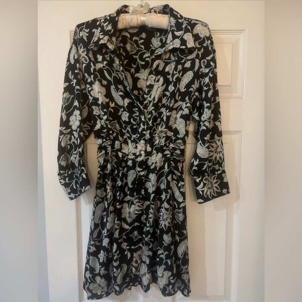 Zara Black Floral Print Collared Button Down 3/4 Sleeve Dress Size Small EUC